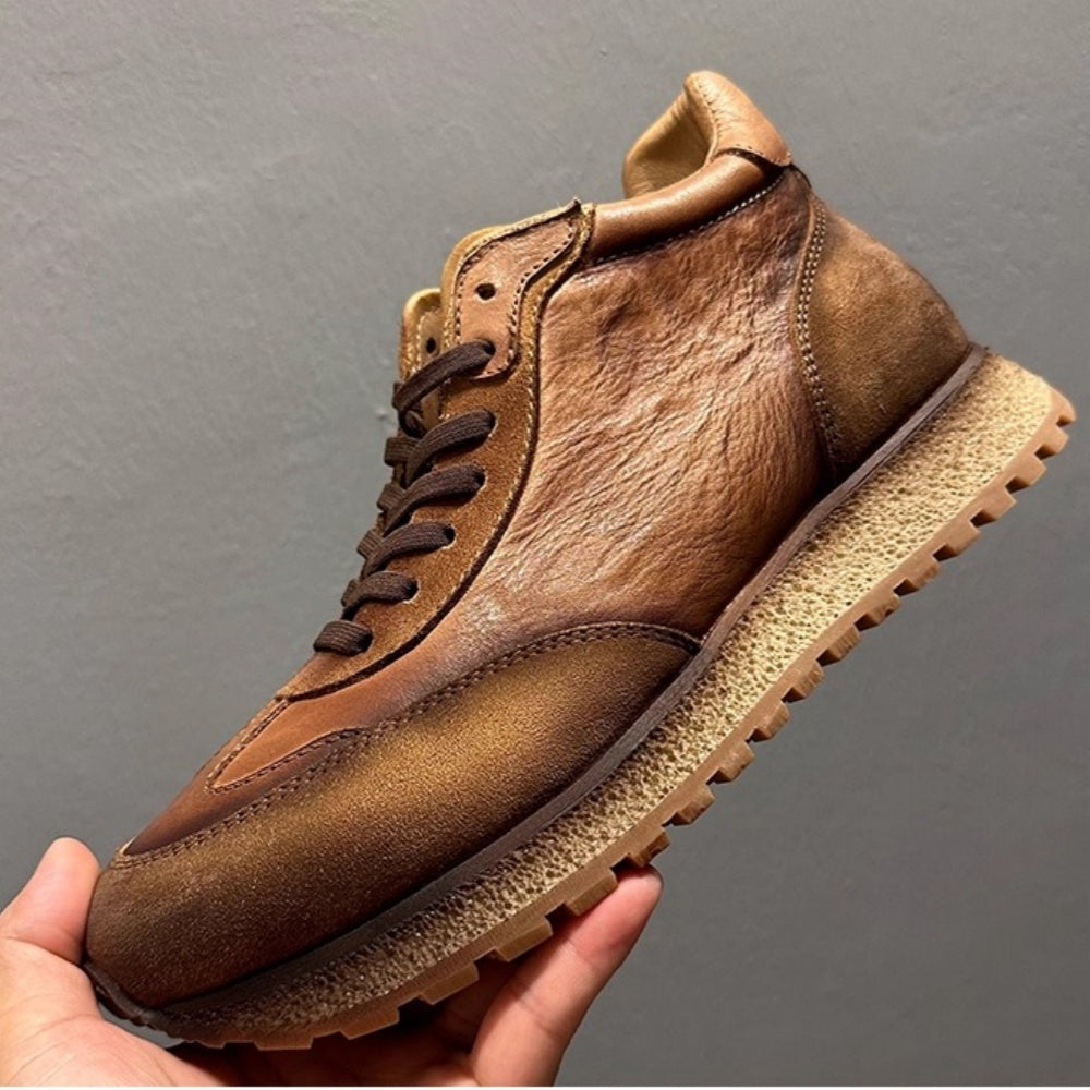 Handmade Cow Leather High Top Shoes Men Casual Shoes Soft Sole Wear-Resistant Fashion Retro Shoes Men