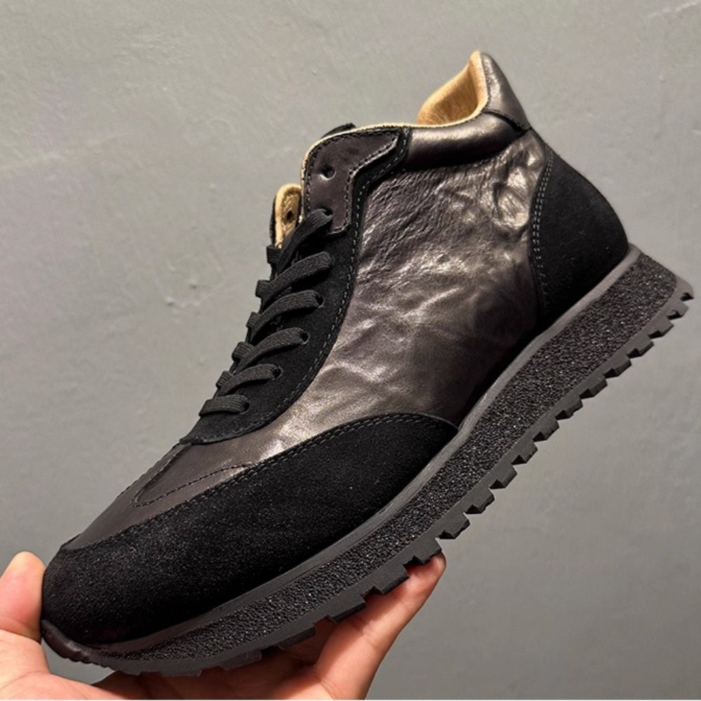 Handmade Cow Leather High Top Shoes Men Casual Shoes Soft Sole Wear-Resistant Fashion Retro Shoes Men