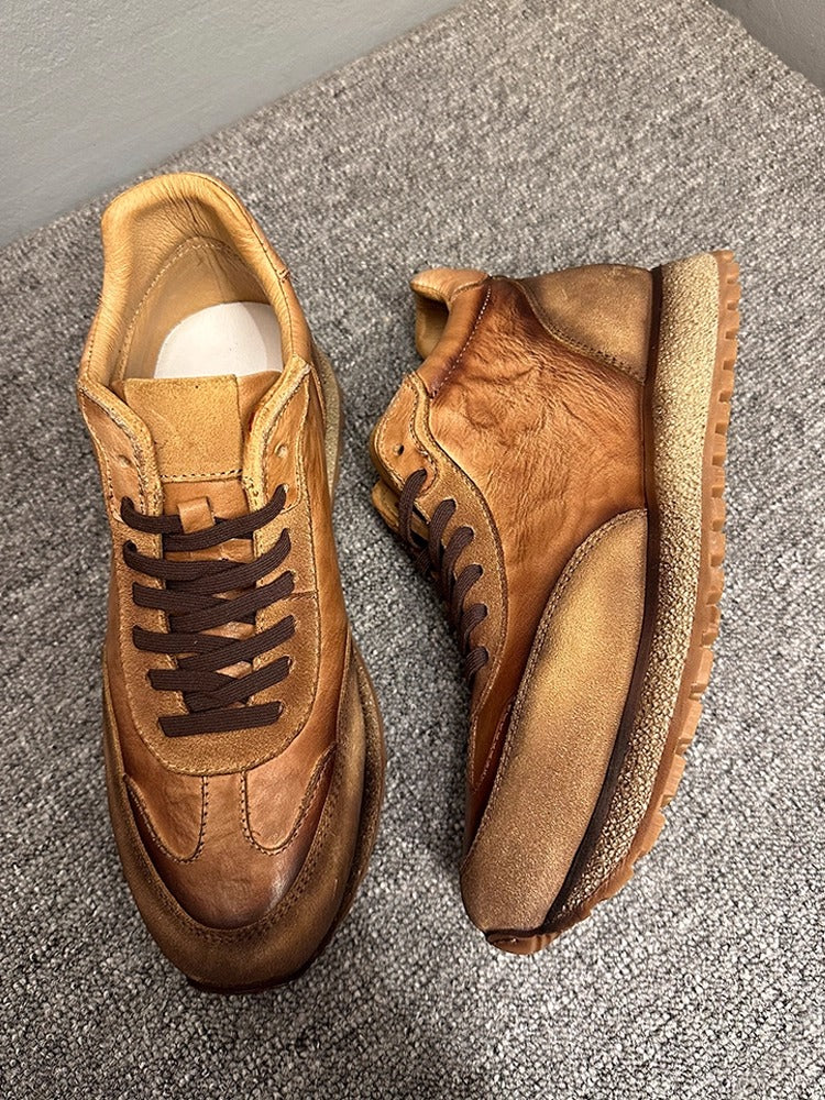 Handmade Cow Leather High Top Shoes Men Casual Shoes Soft Sole Wear-Resistant Fashion Retro Shoes Men