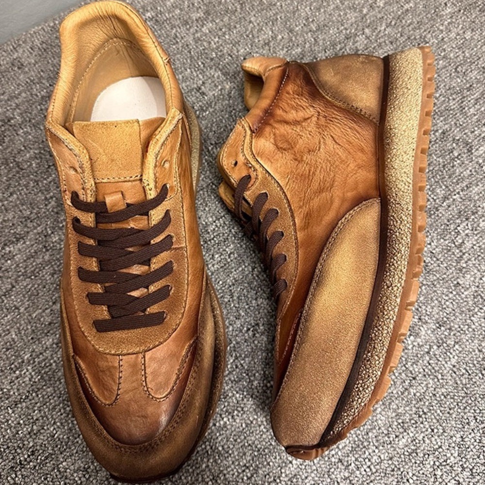 Handmade Cow Leather High Top Shoes Men Casual Shoes Soft Sole Wear-Resistant Fashion Retro Shoes Men